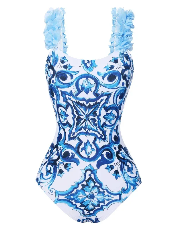 1930s Blue And White Porcelain Print One-Piece Swimsuit