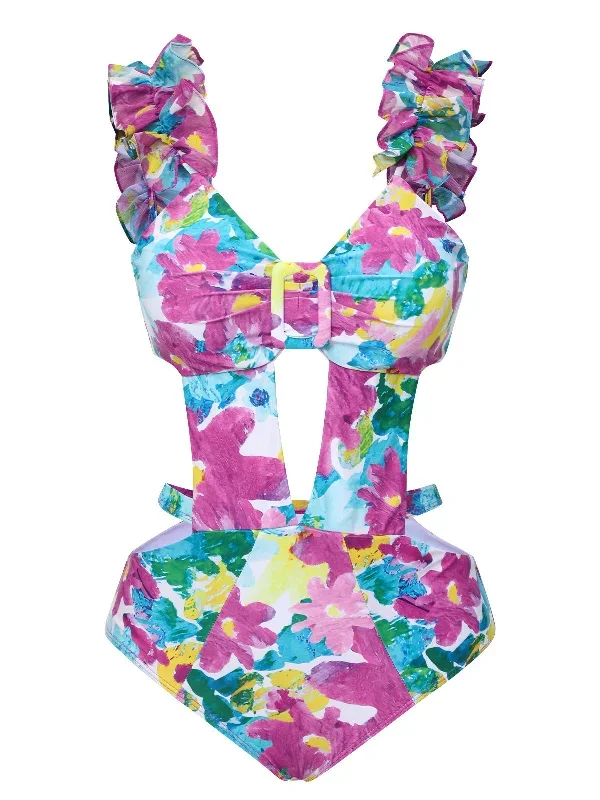 1960s Floral Ruffle Cutout Swimsuit