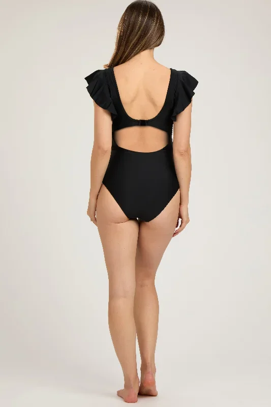 black-crochet-detail-ruched-maternity-one-piece-swimsuit