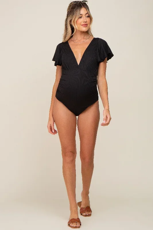 black-deep-v-neck-flounce-maternity-one-piece-swimsuit