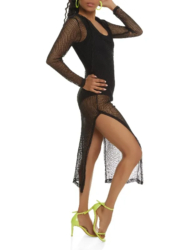 Fishnet Hooded Swim Cover Up Dress