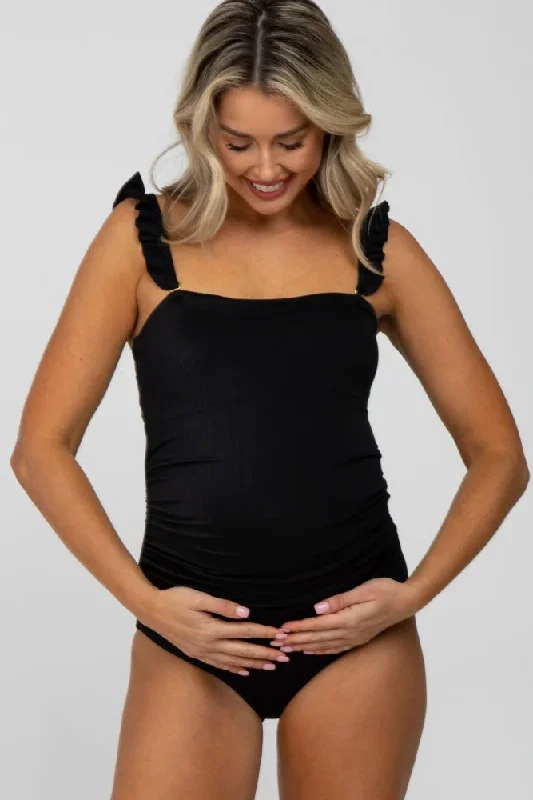 Black Ribbed Square Neck Ruffle Strap One Piece Maternity Swimsuit