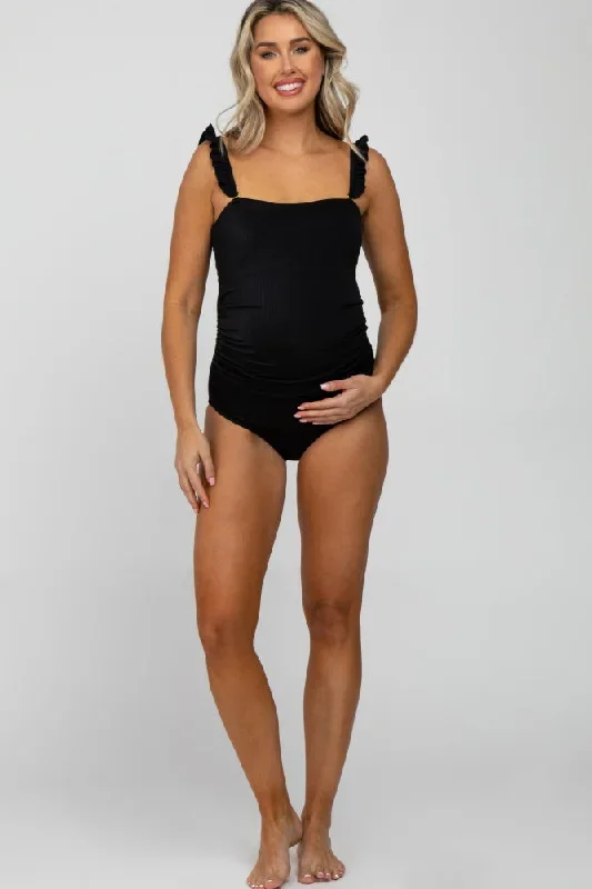 black-ribbed-square-neck-ruffle-strap-one-piece-maternity-swimsuit