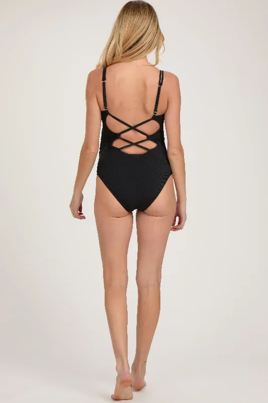 black-ribbed-v-neck-lace-up-back-one-piece-maternity-swimsuit