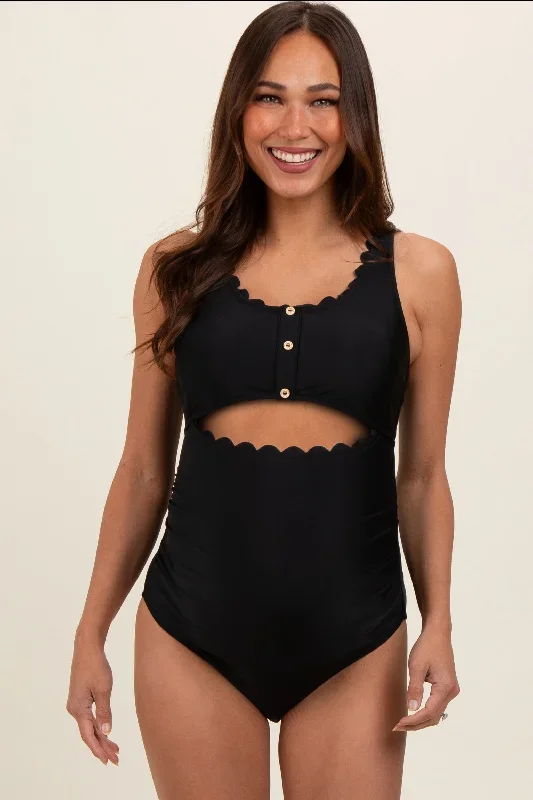 Black Scalloped Cutout Ruched Maternity One Piece Swimsuit