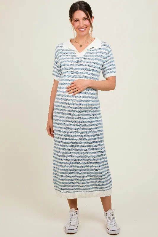 Blue Collared Knit Maxi Maternity Dress