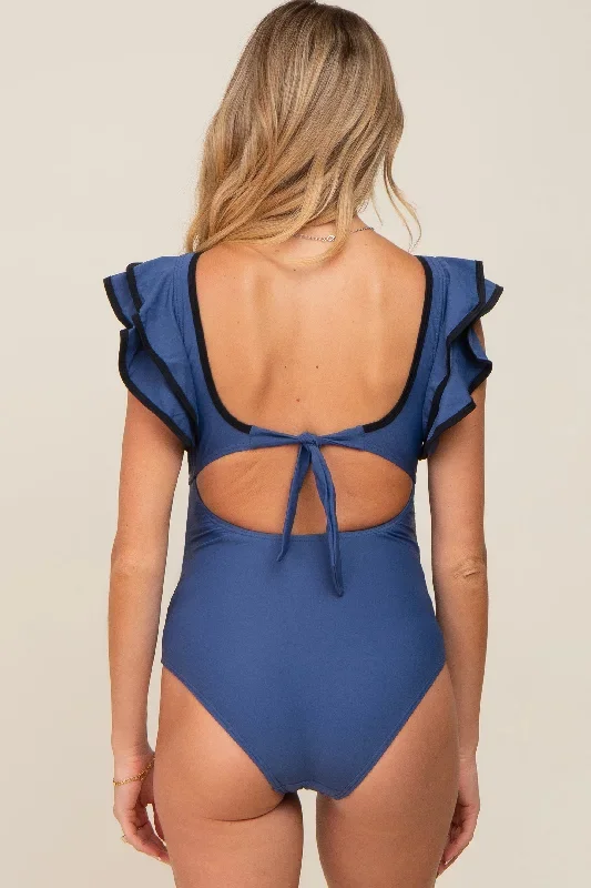 blue-color-blocked-ruffle-shoulder-cutout-back-maternity-one-piece-swimsuit