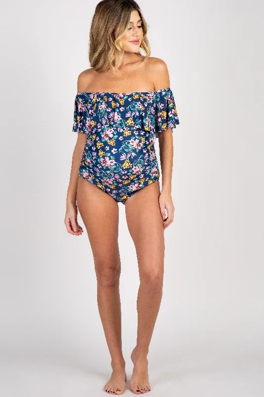 blue-floral-ruffle-trim-ruched-one-piece-maternity-swimsuit