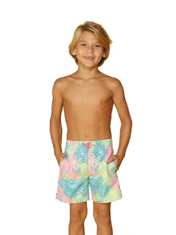 Boy's Swim Trunks in a lush tropical fern pattern