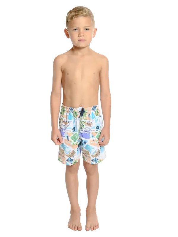 Boys Swim Trunks in a randomized palms print