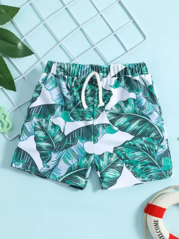 Shade Of Green Boys Palm Print Swim Trunks