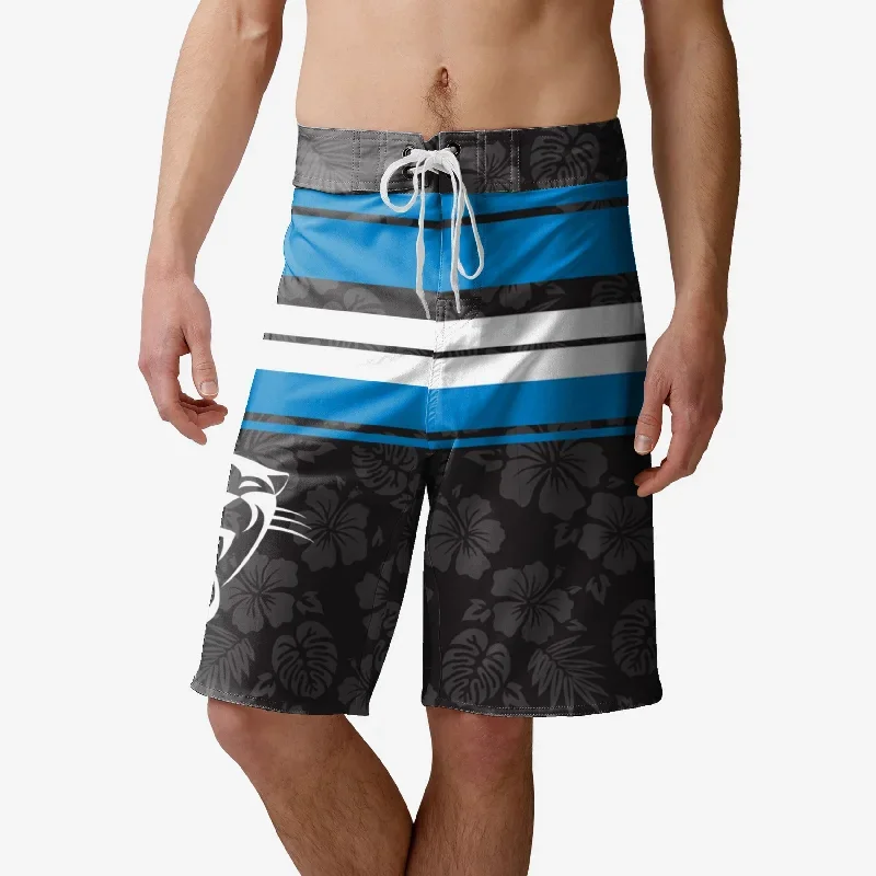 Carolina Panthers Hibiscus Boardwalk Stripe Boardshorts