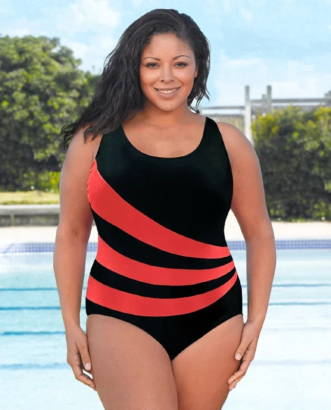 CHLORINE RESISTANT AQUAMORE LOLLIPOP COLOR BLOCK SPLICED SCOOP NECK PLUS SIZE SWIMSUIT