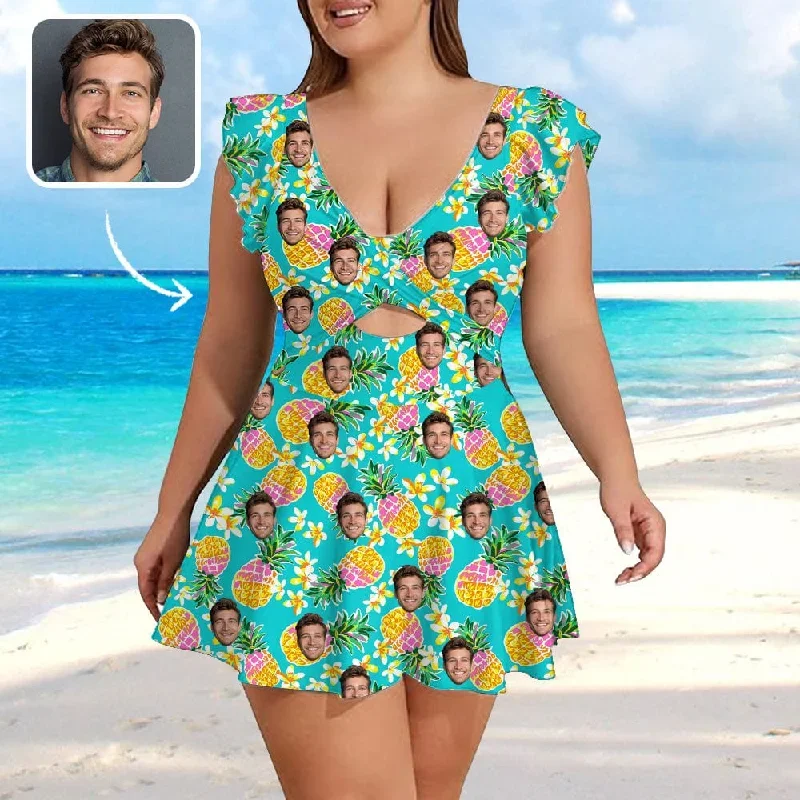 Custom Face Plants & Pineapples Women's Ruffle Sleeve Skirted Swimsuit