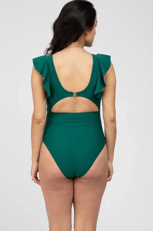 forest-green-flutter-sleeve-back-cutout-maternity-one-piece-swimsuit