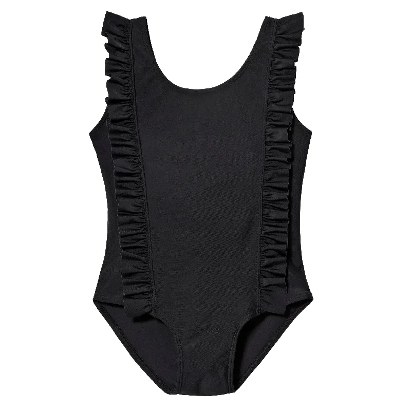 Girls UPF 50+ One-Piece Ruffle Front Swimsuit  | Black