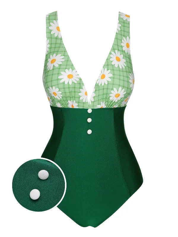 [Pre-Sale] Green 1940s Daisy Patchwork One-Piece Swimsuit