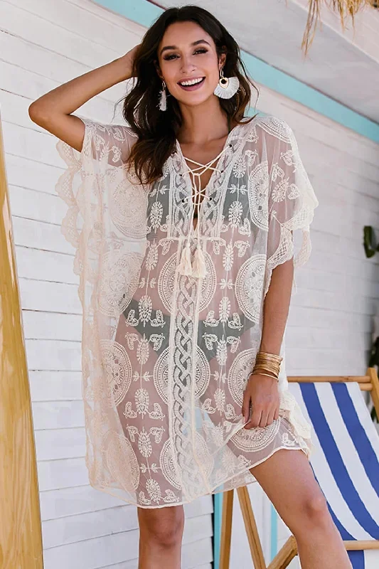 Lace-Up Sheer Crochet Swimsuit Cover Up