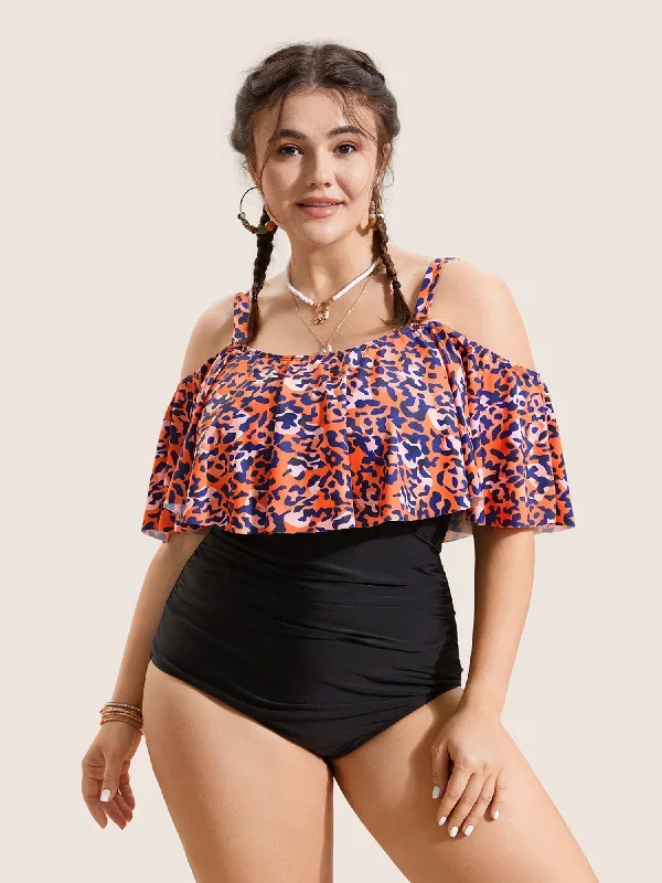 Leopard Patchwork Cold Shoulder One Piece Swimsuit