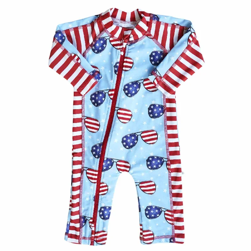 Long Sleeve Rash Guard Swim Romper Full Length | Patriotic Summer