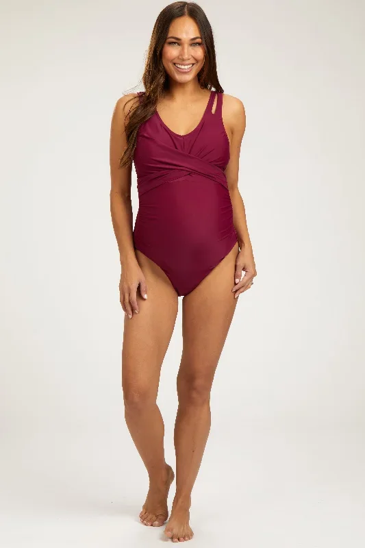 magenta-twist-front-back-cutout-maternity-one-piece-swimsuit