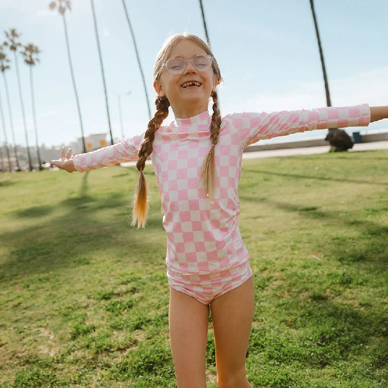 Mini Rash Guard Two-Piece Set, Pink Check