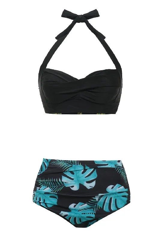 Noir Vert Feuilles Deux Pièces Bikini