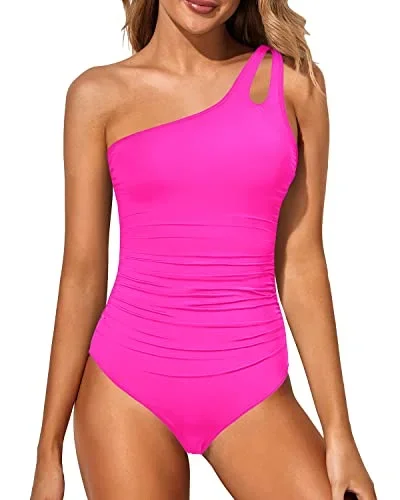 Ruched Keyhole One Shoulder One Piece Swimsuit For Women-Neon Pink