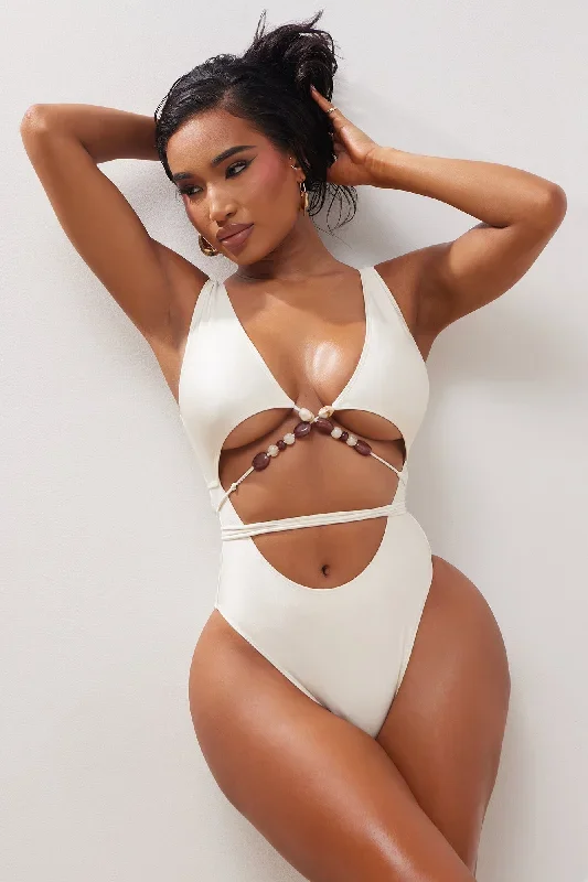 Pebble Beach Beaded 1 Piece Swimsuit - Cream