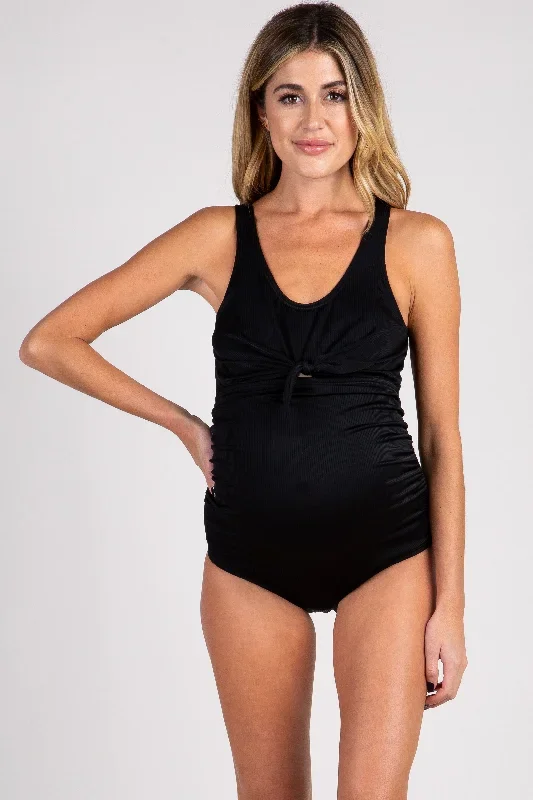 PinkBlush Black Ribbed Front Knot One-Piece Maternity Swimsuit