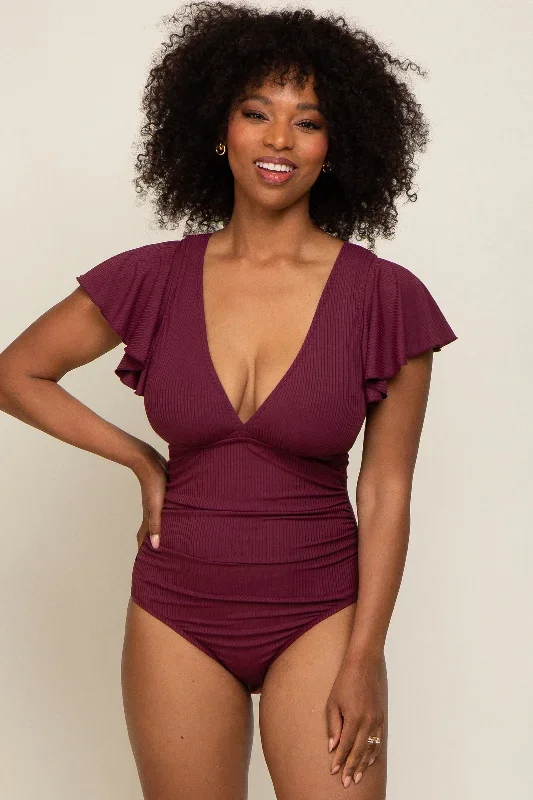 plum-deep-v-neck-flounce-maternity-one-piece-swimsuit