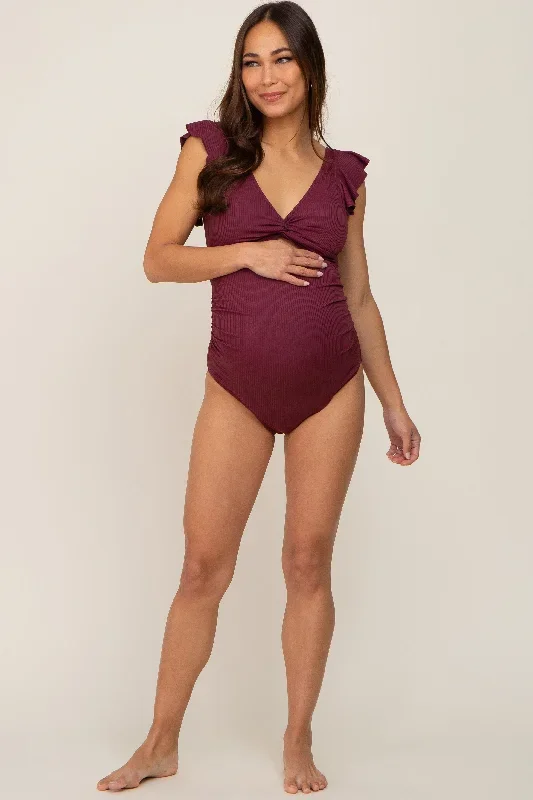 plum-ribbed-cutout-flutter-one-piece-maternity-swimsuit