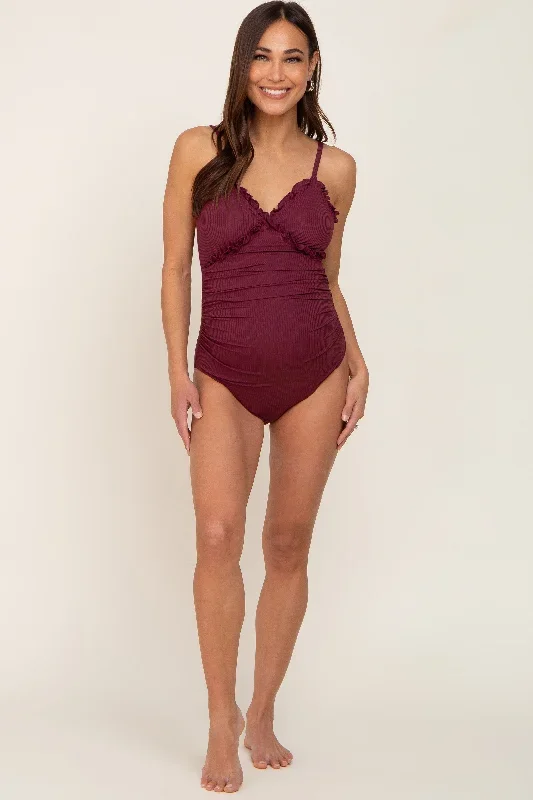 plum-ribbed-ruffle-ruched-maternity-one-piece-swimsuit