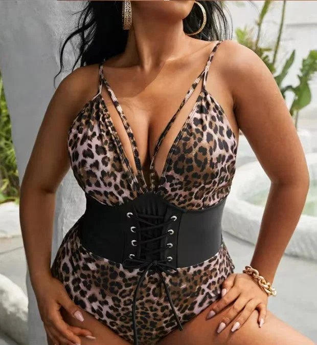 Plus Size Leopard Print cinch waist one piece Swimsuit - Black