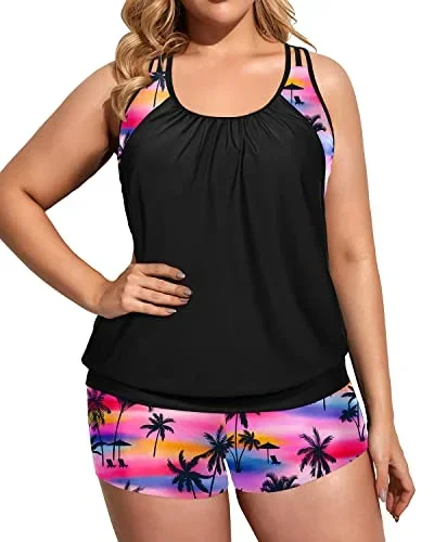 Plus Size Tankini Swimsuit For Women With Big Breasts-Black Conut Tree