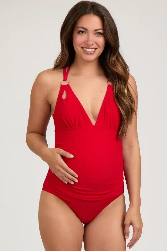 Red Ribbed V-Neck Ruched Criss Cross Low Back Maternity One Piece Swimsuit