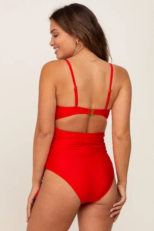 red-ruched-front-tie-one-piece-maternity-swimsuit