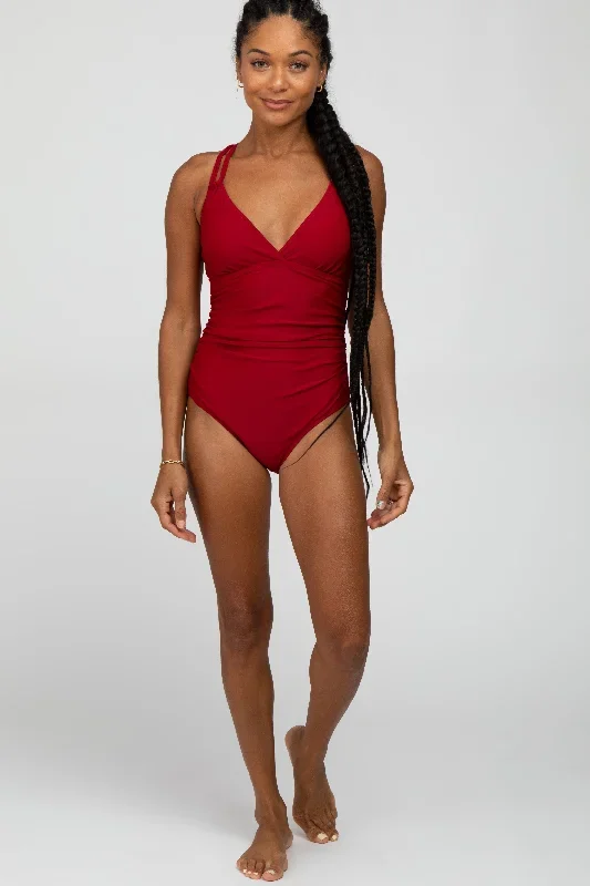 red-ruched-side-strappy-cross-back-maternity-one-piece-swimsuit