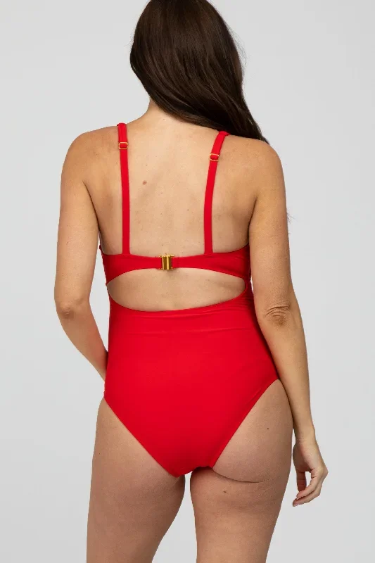 red-ruched-sides-front-cutout-maternity-one-piece-swimsuit