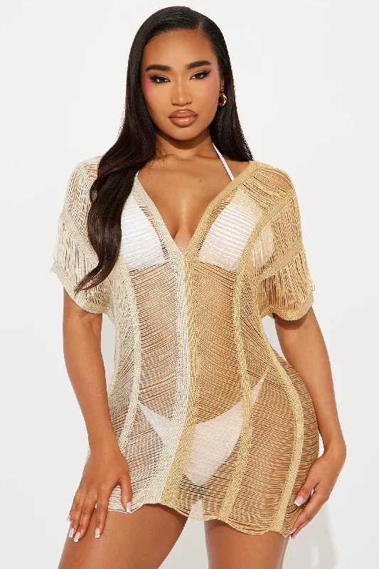 Rita Two Tone Metallic Crochet Cover Up Dress - Gold/combo