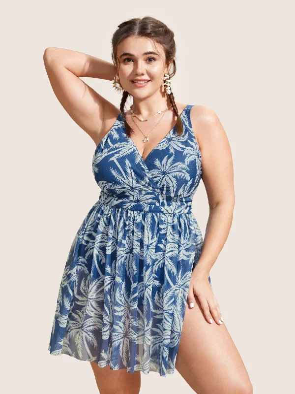 Tropical Print Overlap Collar Swim Dress