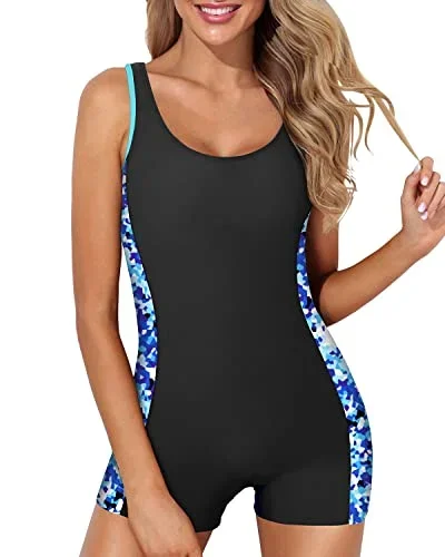 Athletic One Piece Swimsuits Boy Shorts Bathing Suit Teen Girls-Black And Geometry