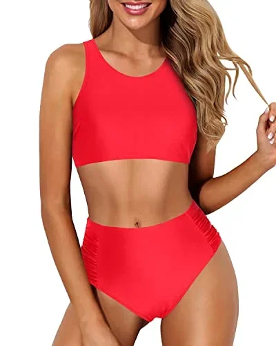 Racerback High Waisted Two Piece Bikini Swimsuit For Teenagers-Neon Red