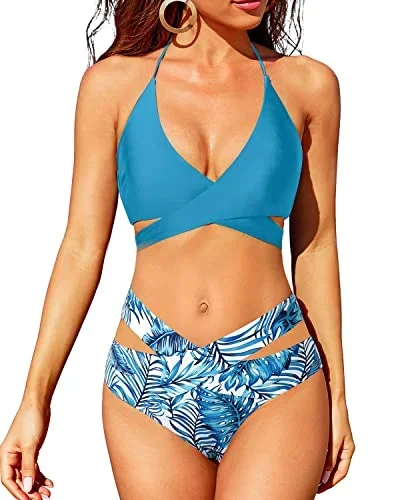 Crossed V Shaped Waist Halter Wrap Bikini Push Up Swimsuit-Dark Blue Green Leaves