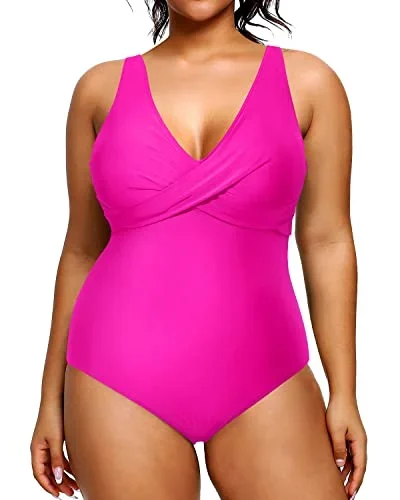 Women's Plus Size Tummy Control One Piece V-Neck Swimsuits-Neon Pink