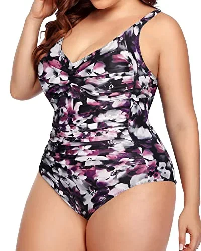 Vintage Retro One Piece Swimsuits For Curvy Women-Purple Floral