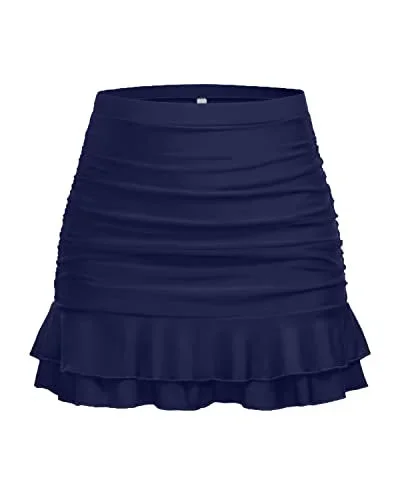 Ruched Skirt Swimsuits With Built In Brief High Waisted Swim Skirt-Navy Blue