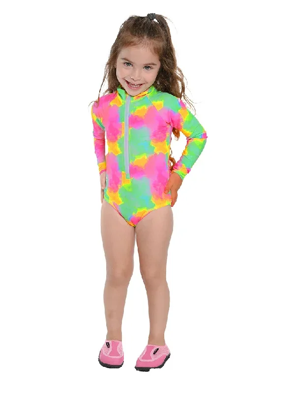 Zip front long sleeve bathing suit unitard for baby girls and toddlers